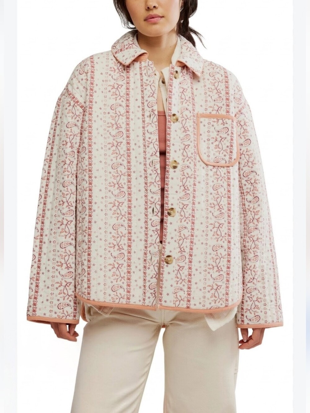 FREE PEOPLE Alexie Print Floral Quilted Boxy Jacket Cream Coral Medium NWT